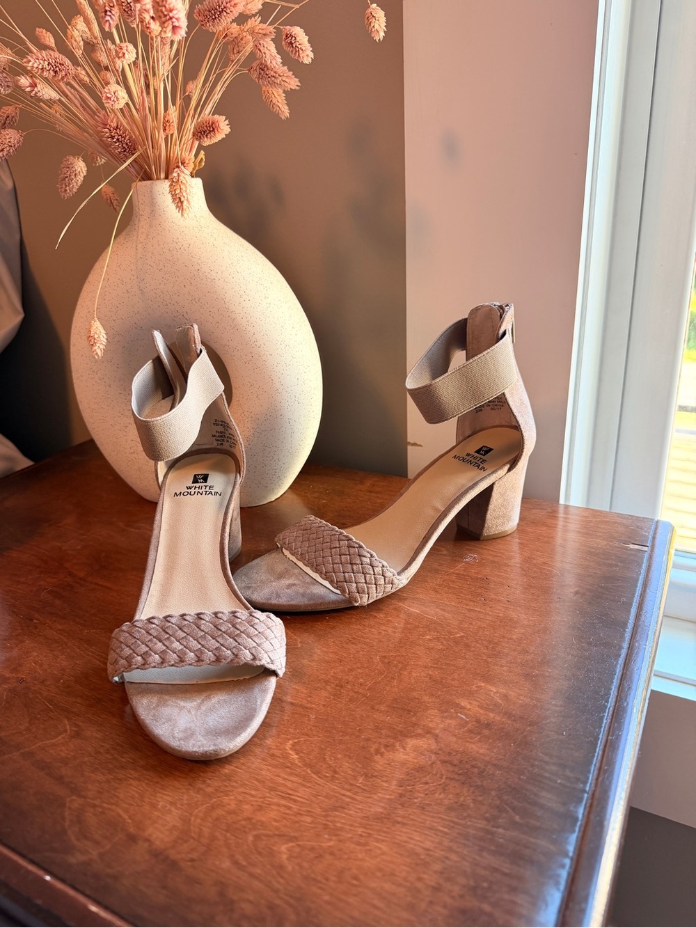 White Mountain taupe braided suede block heel sandals